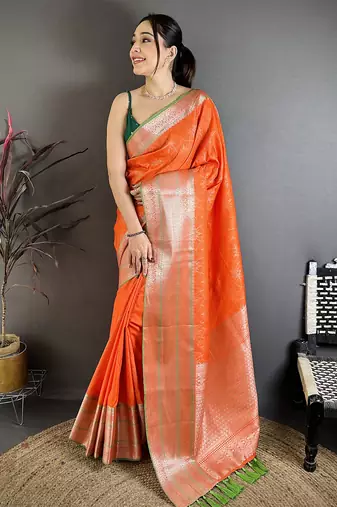Orange banarasi silk intricate zari weaving kanjivaram sarees