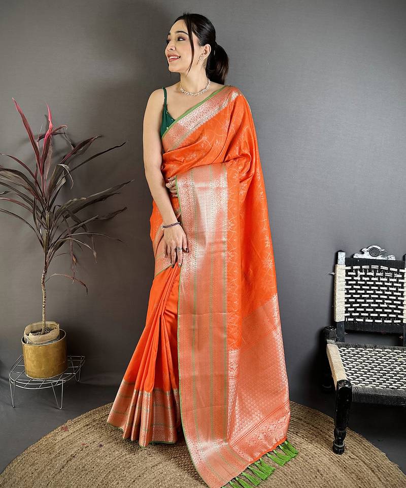 Orange banarasi silk intricate zari weaving kanjivaram sarees