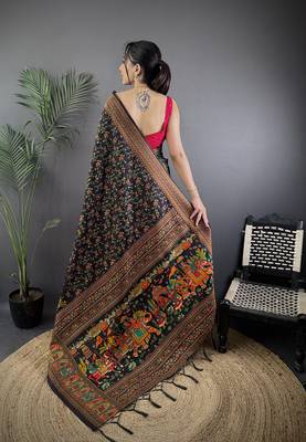 Black pashmina silk meenakari weaving madhubani design kashmiri saree 4