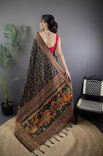 Black pashmina silk meenakari weaving madhubani design kashmiri saree