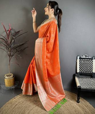 Orange banarasi silk intricate  zari weaving kanjivaram sarees 2