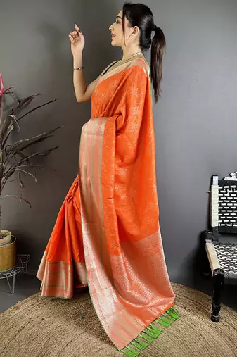 Orange banarasi silk intricate  zari weaving kanjivaram sarees