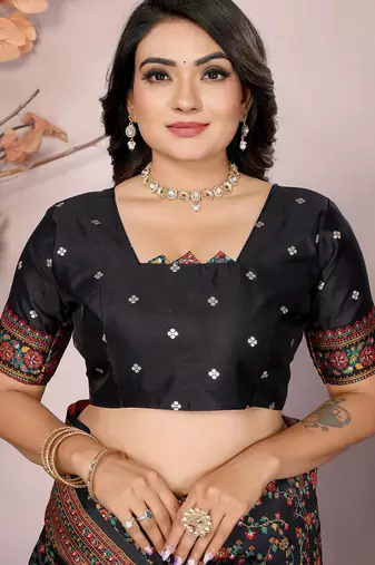Black pashmina silk meenakari weaving madhubani design kashmiri saree