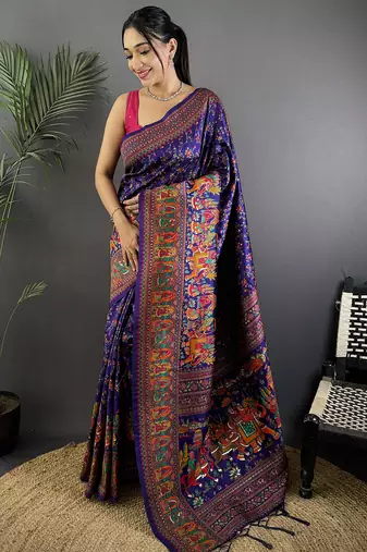 Purple pashmina silk meenakari weaving madhubani design kashmiri saree