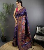 Purple pashmina silk meenakari weaving madhubani design kashmiri saree