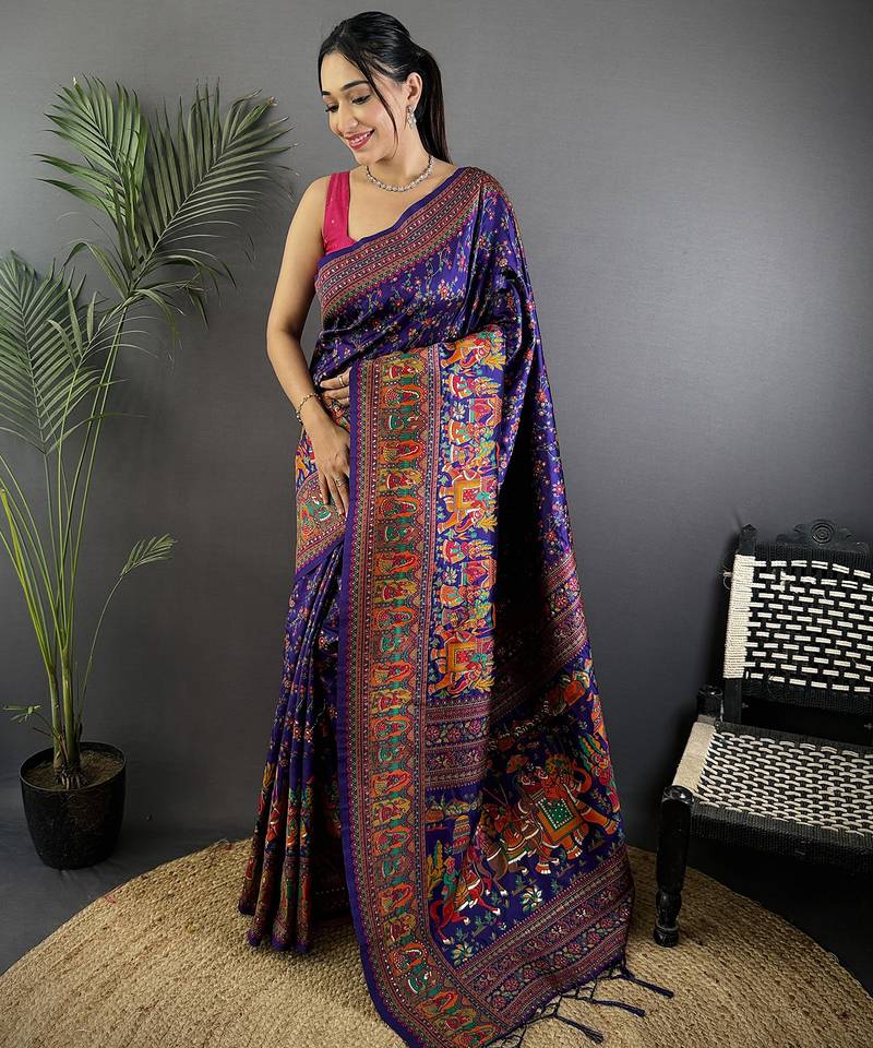 Purple pashmina silk meenakari weaving madhubani design kashmiri saree