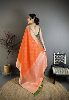 Orange banarasi silk intricate  zari weaving kanjivaram sarees 4