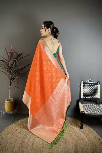 Orange banarasi silk intricate  zari weaving kanjivaram sarees