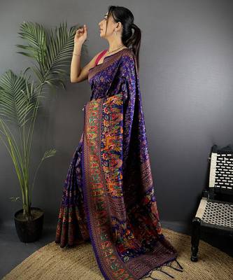 Purple pashmina silk meenakari weaving madhubani design kashmiri saree 2