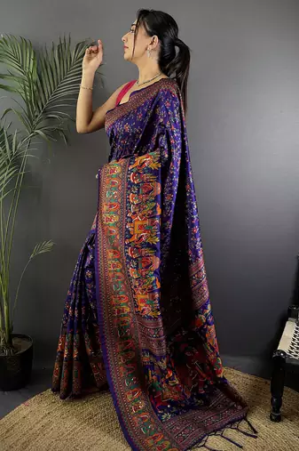Purple pashmina silk meenakari weaving madhubani design kashmiri saree