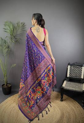 Purple pashmina silk meenakari weaving madhubani design kashmiri saree 4