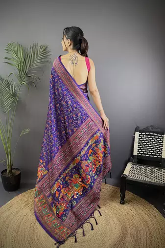 Purple pashmina silk meenakari weaving madhubani design kashmiri saree