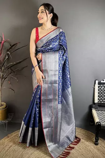 Dark blue banarasi silk geometric shape kanjivaram sarees