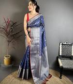 Dark blue banarasi silk geometric shape kanjivaram sarees