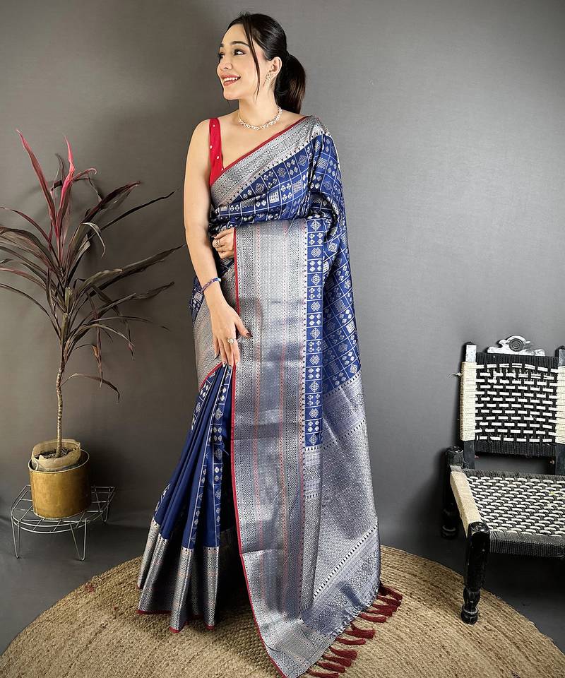 Dark blue banarasi silk geometric shape kanjivaram sarees
