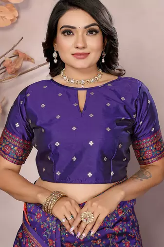 Purple pashmina silk meenakari weaving madhubani design kashmiri saree