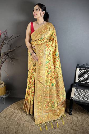 Golden yellow pashmina silk meenakari weaving madhubani design kashmiri saree