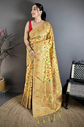 Golden yellow pashmina silk meenakari weaving madhubani design kashmiri saree