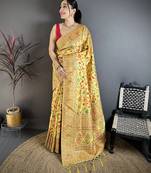 Golden yellow pashmina silk meenakari weaving madhubani design kashmiri saree