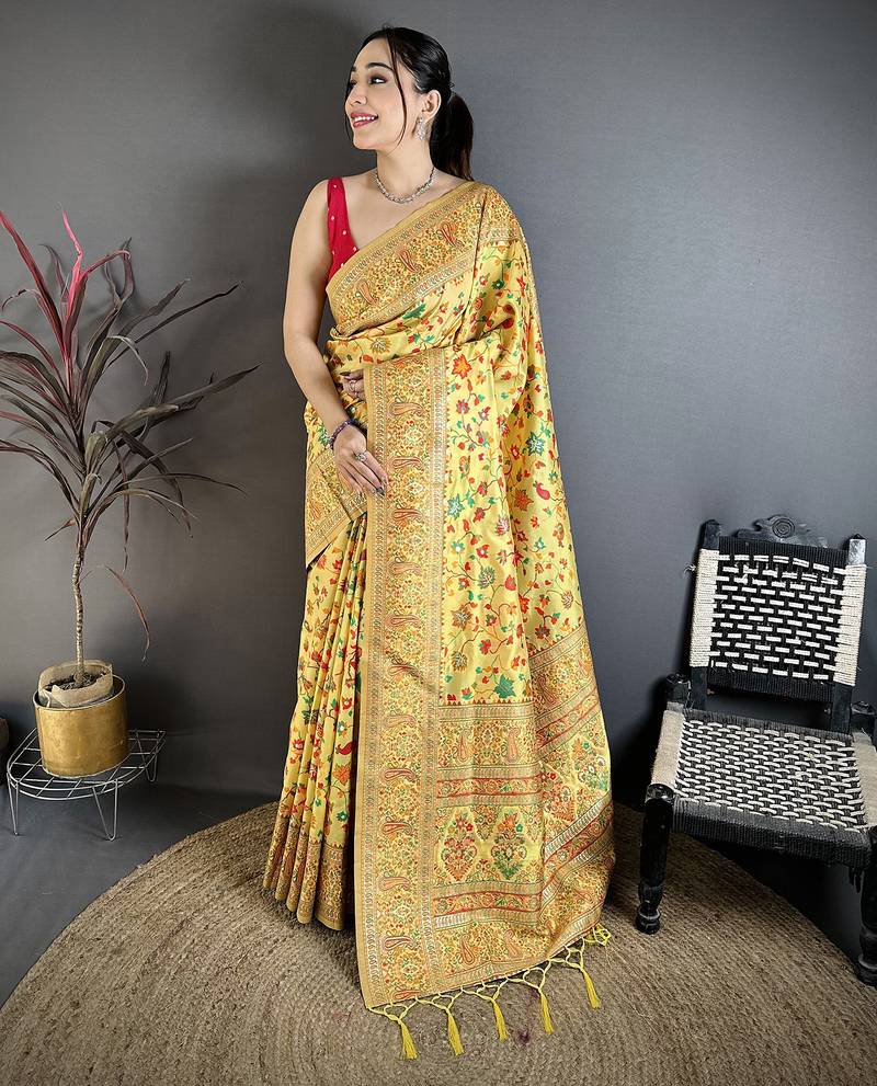 Golden yellow pashmina silk meenakari weaving madhubani design kashmiri saree