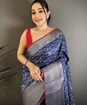 Dark blue banarasi silk geometric shape kanjivaram sarees 3