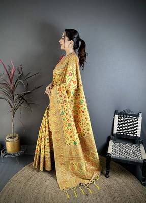 Golden yellow pashmina silk meenakari weaving madhubani design kashmiri saree 2