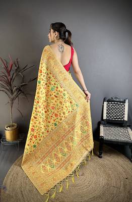 Golden yellow pashmina silk meenakari weaving madhubani design kashmiri saree 4