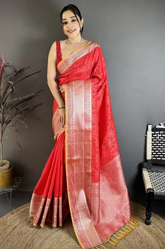 Red banarasi silk checked pattern kanjivaram sarees