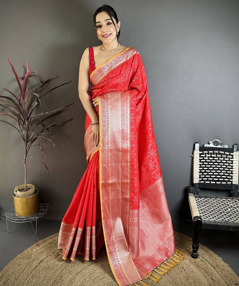 Red banarasi silk checked pattern kanjivaram sarees