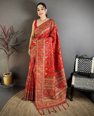 Red pashmina silk meenakari weaving madhubani design kashmiri saree 1