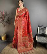 Red pashmina silk meenakari weaving madhubani design kashmiri saree