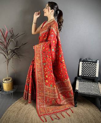 Red pashmina silk meenakari weaving madhubani design kashmiri saree 2