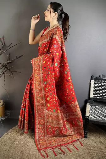 Red pashmina silk meenakari weaving madhubani design kashmiri saree