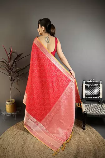 Red banarasi silk checked pattern kanjivaram sarees