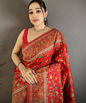 Red pashmina silk meenakari weaving madhubani design kashmiri saree 3