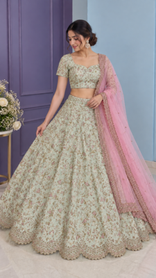 Light Green sequins,thread & dori and net ruffle Mulberry silk lehenga Choli 1