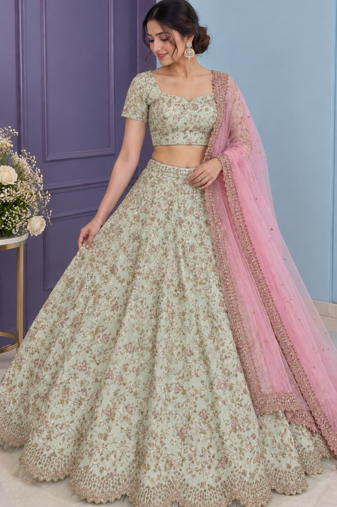 Light Green sequins,thread & dori and net ruffle Mulberry silk lehenga Choli