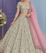 Light Green sequins,thread & dori and net ruffle Mulberry silk lehenga Choli