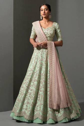 Light Green Color sequins,thread & dori work and net ruffle work Mulberry silk lehenga Choli