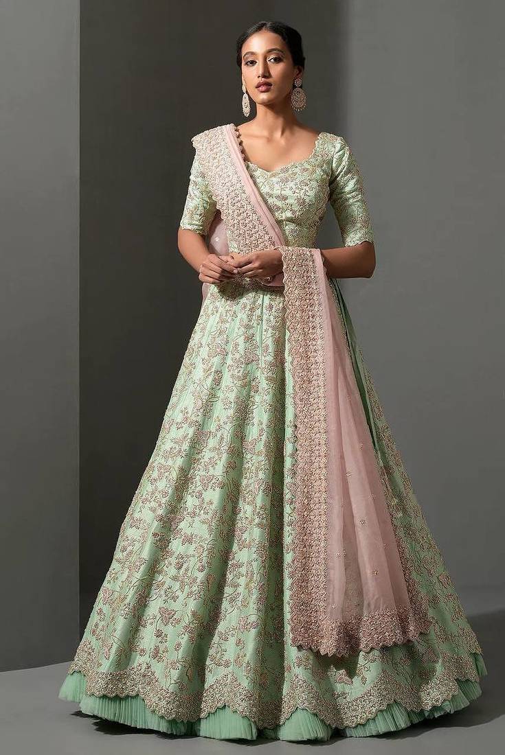 Light Green Color sequins,thread & dori work and net ruffle work Mulberry silk lehenga Choli
