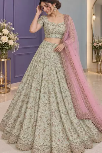 Light Green sequins,thread & dori and net ruffle Mulberry silk lehenga Choli