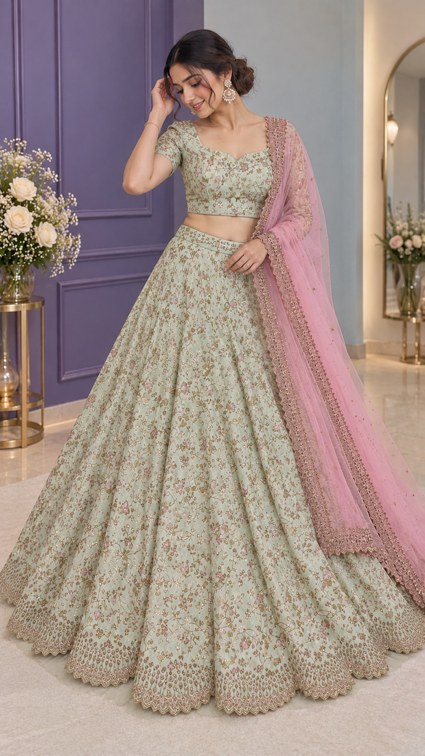Light Green sequins,thread & dori and net ruffle Mulberry silk lehenga Choli