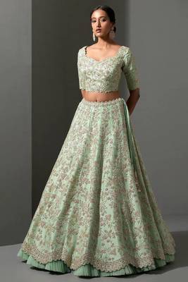 Light Green Color sequins,thread & dori work and net ruffle work Mulberry silk lehenga Choli 2