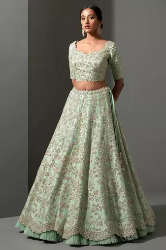 Light Green Color sequins,thread & dori work and net ruffle work Mulberry silk lehenga Choli