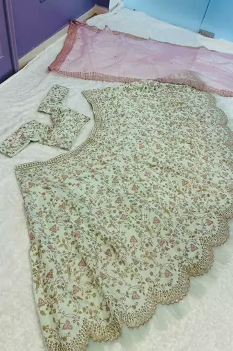 Light Green Color sequins,thread & dori work and net ruffle work Mulberry silk lehenga Choli