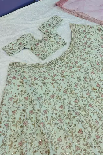 Light Green Color sequins,thread & dori work and net ruffle work Mulberry silk lehenga Choli
