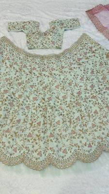 Light Green Color sequins,thread & dori work and net ruffle work Mulberry silk lehenga Choli 5