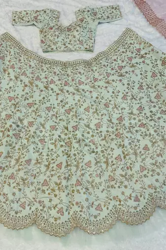 Light Green Color sequins,thread & dori work and net ruffle work Mulberry silk lehenga Choli