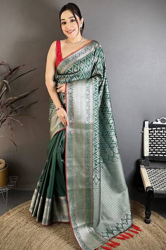 Green banarasi silk zari woven ethnic motifs kanjivaram sarees