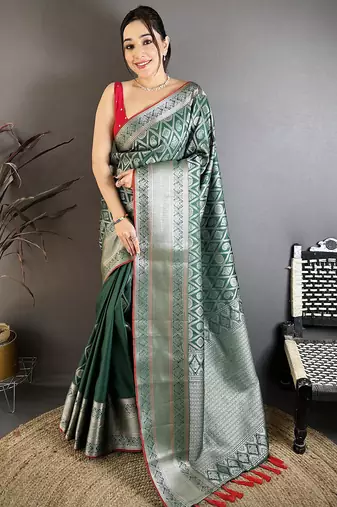 Green banarasi silk zari woven ethnic motifs kanjivaram sarees